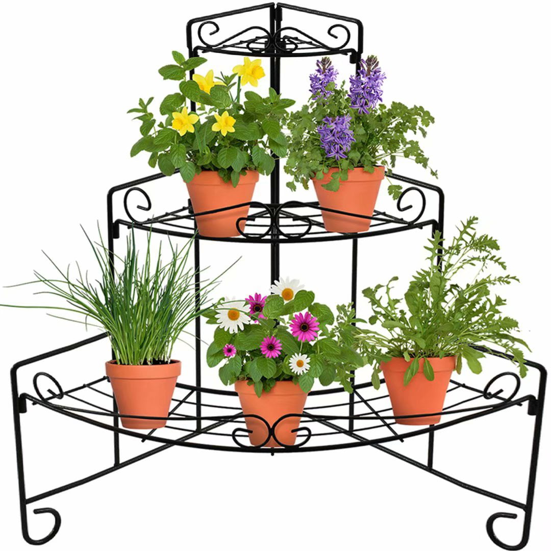 CERBIOR Plant Stand Planter Shelves Flowers, 3-Tier Free Standing Foldable, A-Frame Indoor Outdoor Plant Rack for Patio Balcony Garden Living Room, Black Scroll