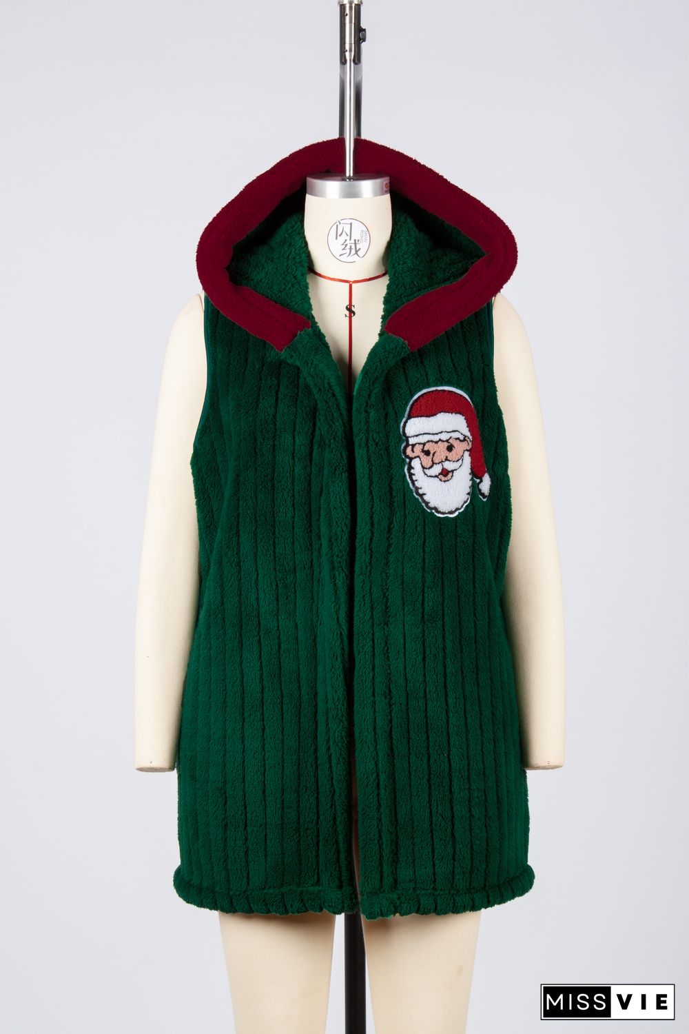 Green Santa Patchwork Zipper Rib Fleece Hooded Vest Jacket