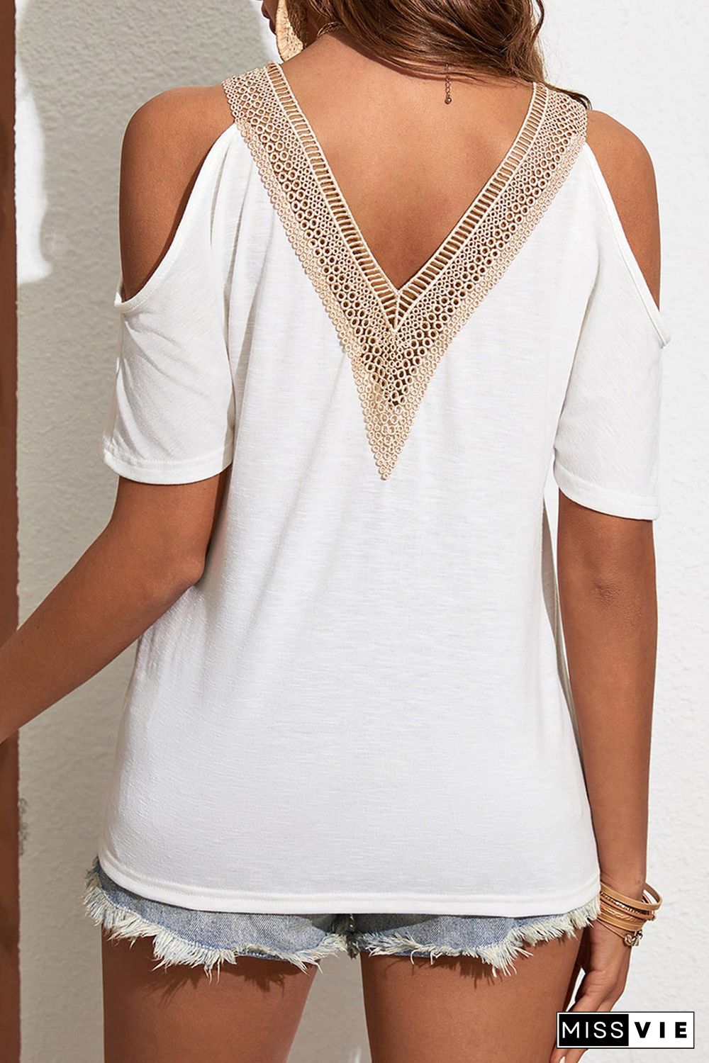 White Contrast Guipure Lace Cold Shoulder Tee