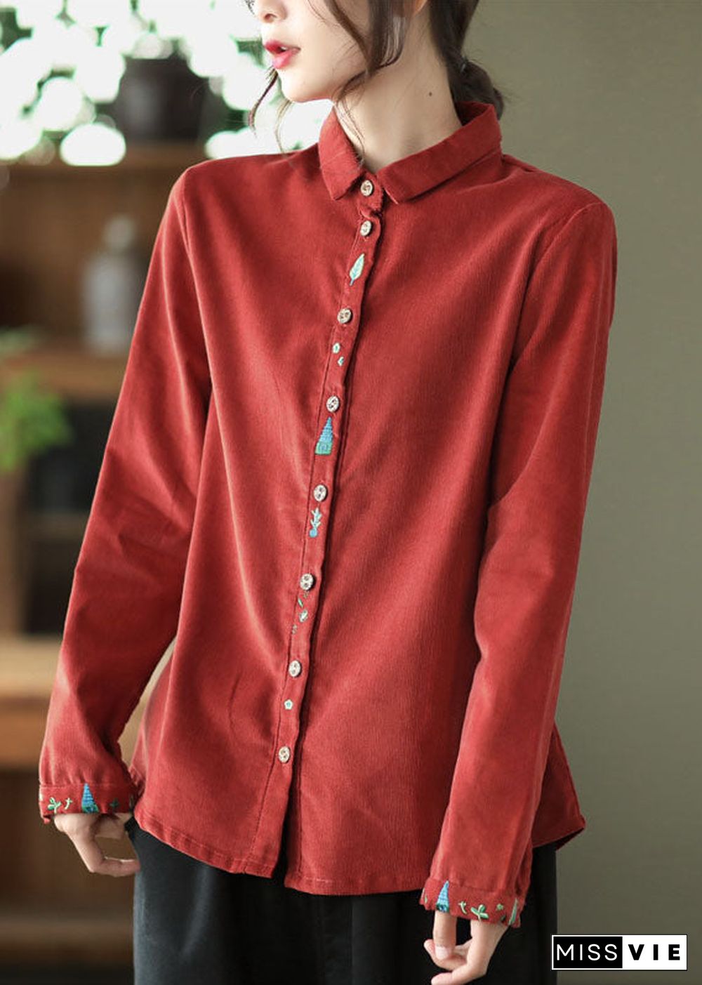 Retro Red Embroideried Patchwork Corduroy Shirt Tops Spring