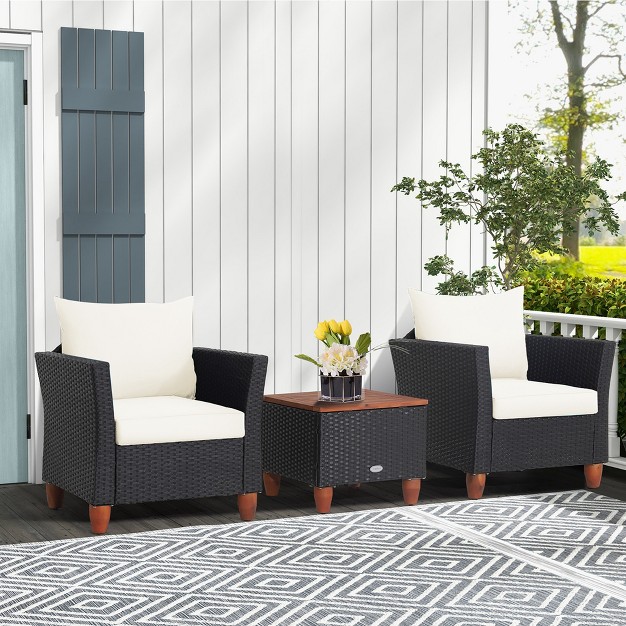 Costway 3pcs Patio Rattan Furniture Set Cushioned Sofa Storage Table With Wood Top White black grey navy red turquoise