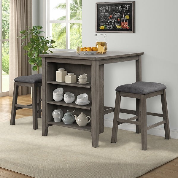 3 Piece Square Dining Table with Padded Stools， Table Set