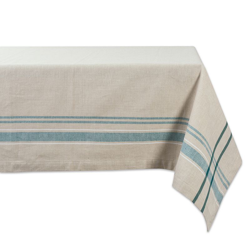 White and Teal French Striped Chambray Rectangular Tablecloth 60 x 84