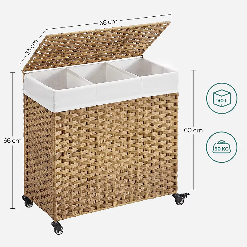 140l Handwoven Laundry Basket With Wheels