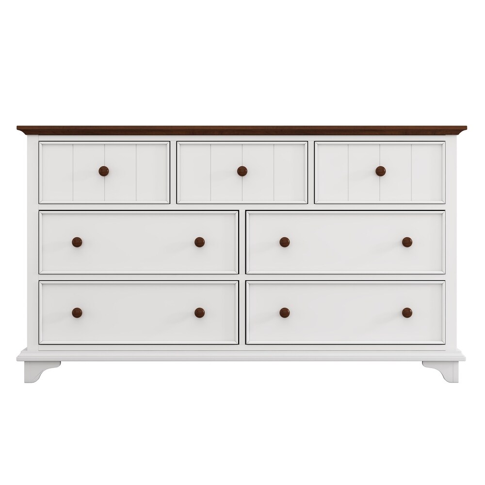 61inch Wooden 7 Drawer Dresser for Bedroom Living Room White+Walnut