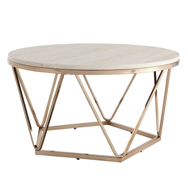 SEI Furniture Henderson Modern Faux Marble Top Gold Geometric Base Round Coffee Table