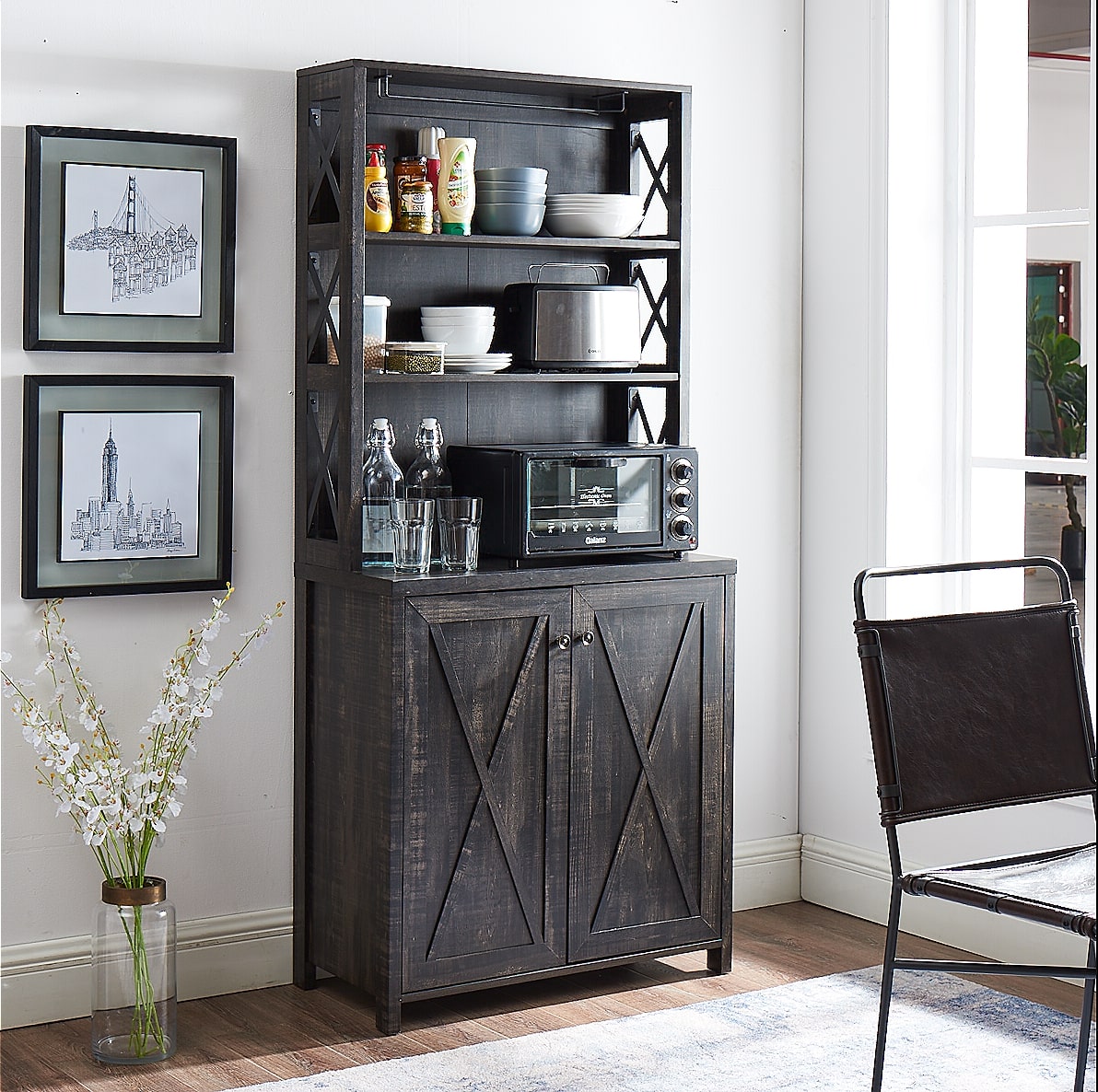 Gramercy Way Elegant Charcoal Bar Cabinet | kitchen Cabinet with Microwave Stand