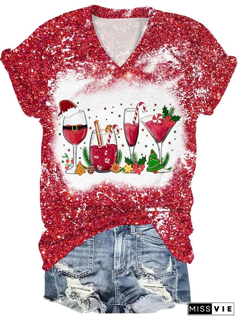 Women's Casual Christmas Wine Glass Print Short Sleeve T-Shirt