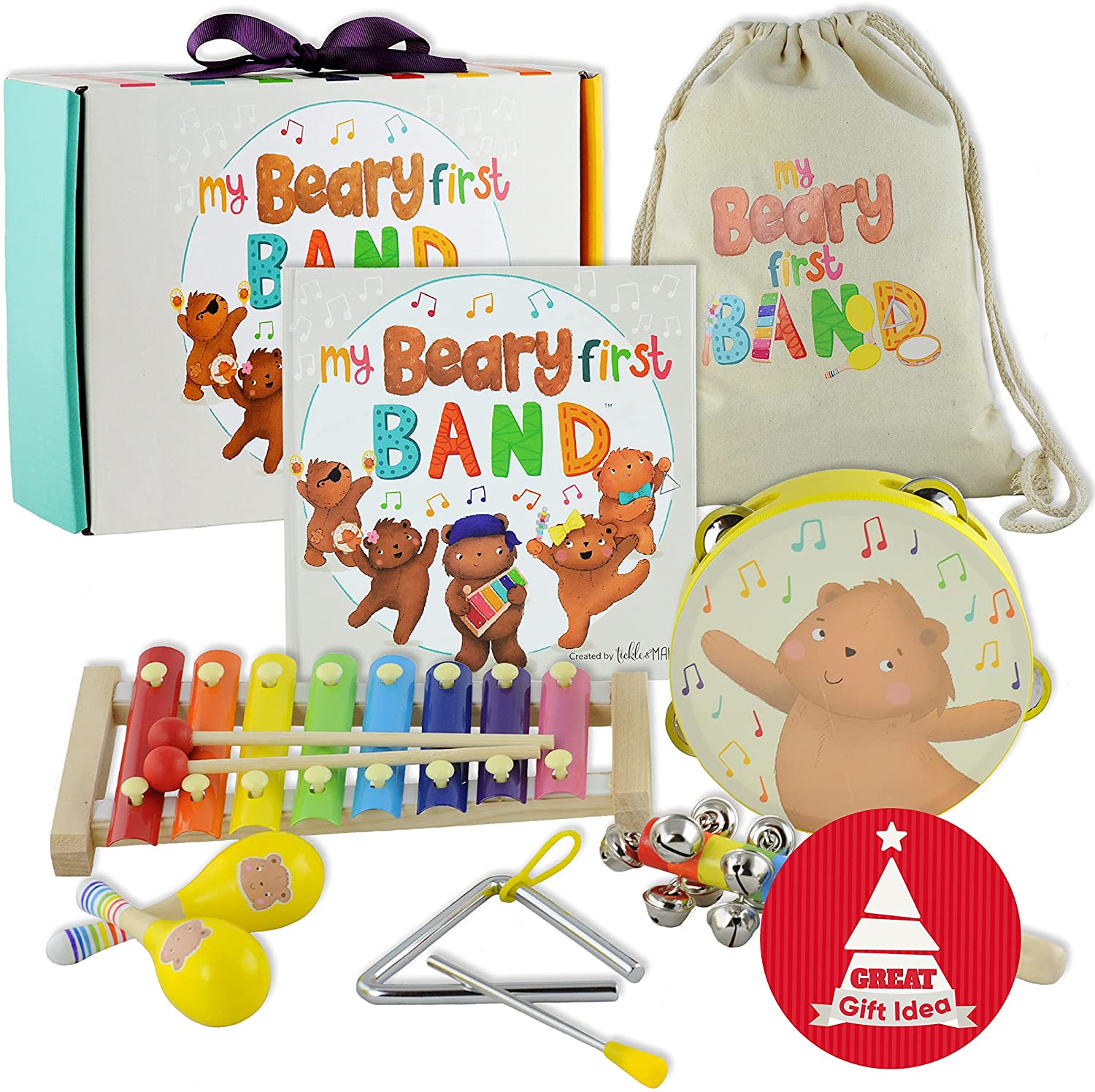 Tickle and Main， My Beary First Band Musical Instruments Gift Set - Includes Storybook and Wooden Percussion Toys for Toddler Girls and Boys Ages 3 4 5 Years Old