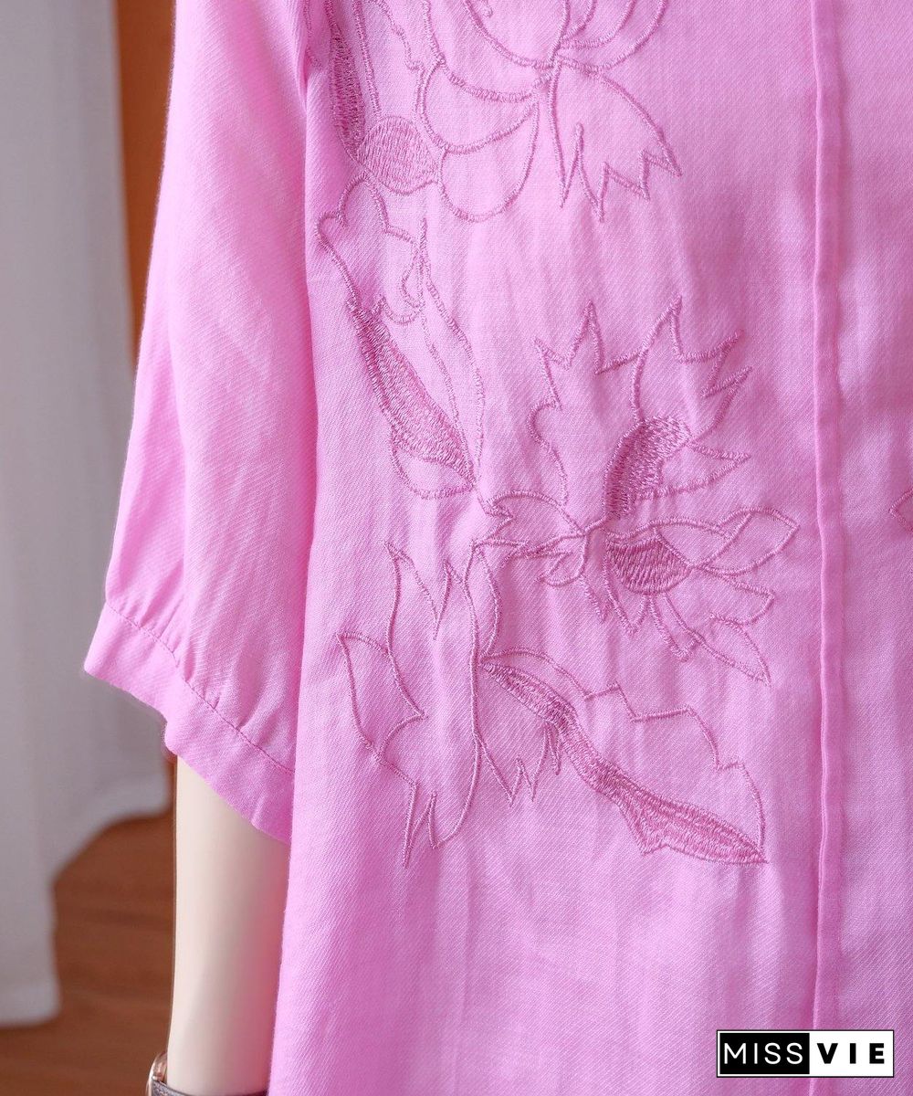 Women pink shirts v neck embroidery oversized summer shirts