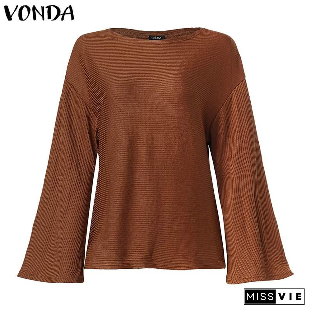 VONDA Woman Bell Sleeve Blouse Autumn Winter Loose Knitwear Tops Pullover Shirts Plus Size Bohemian Party Blusas 5XL Tunics