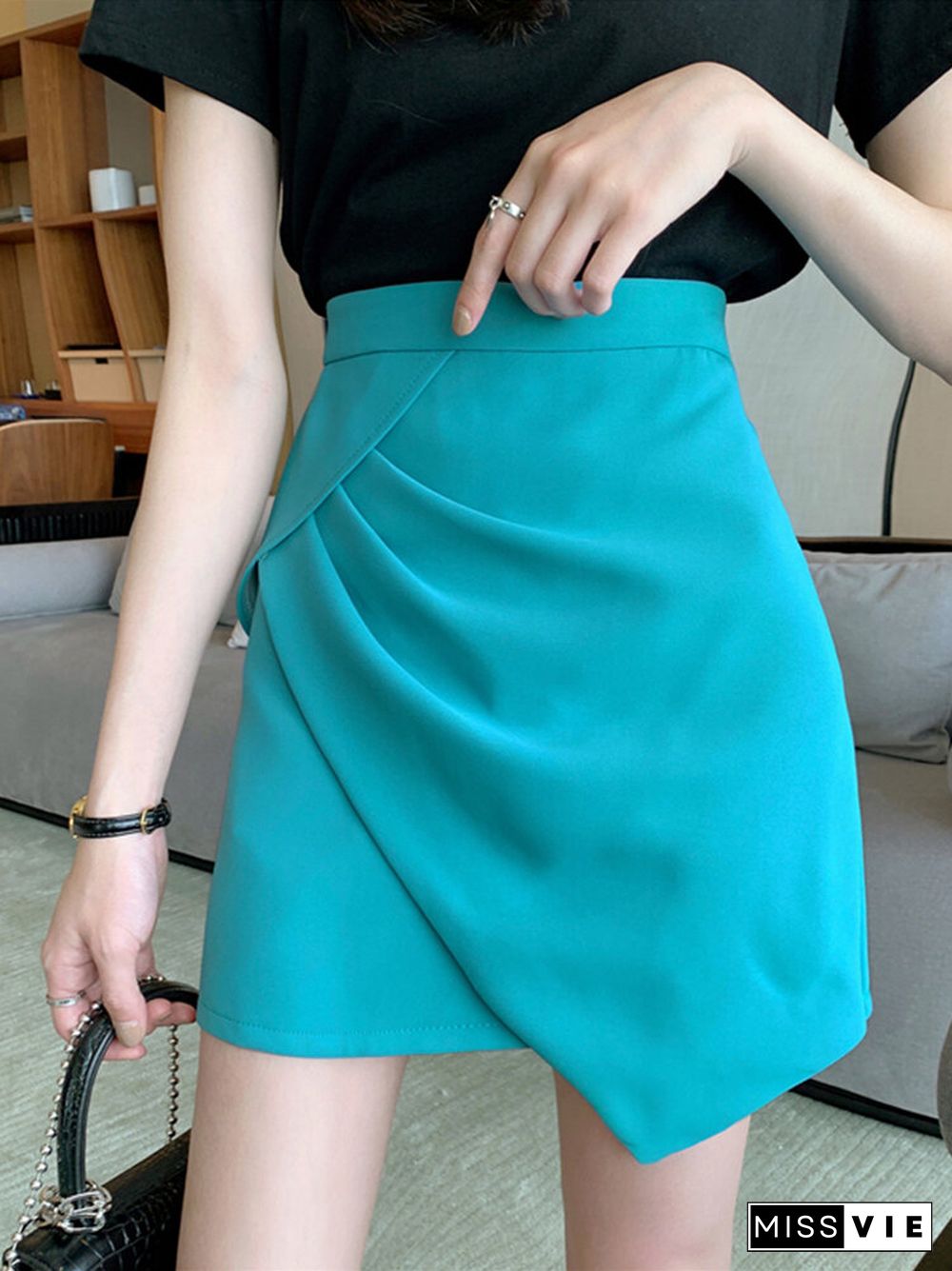 Asymmetrical Hem Pleated Solid Mini Women Skirt