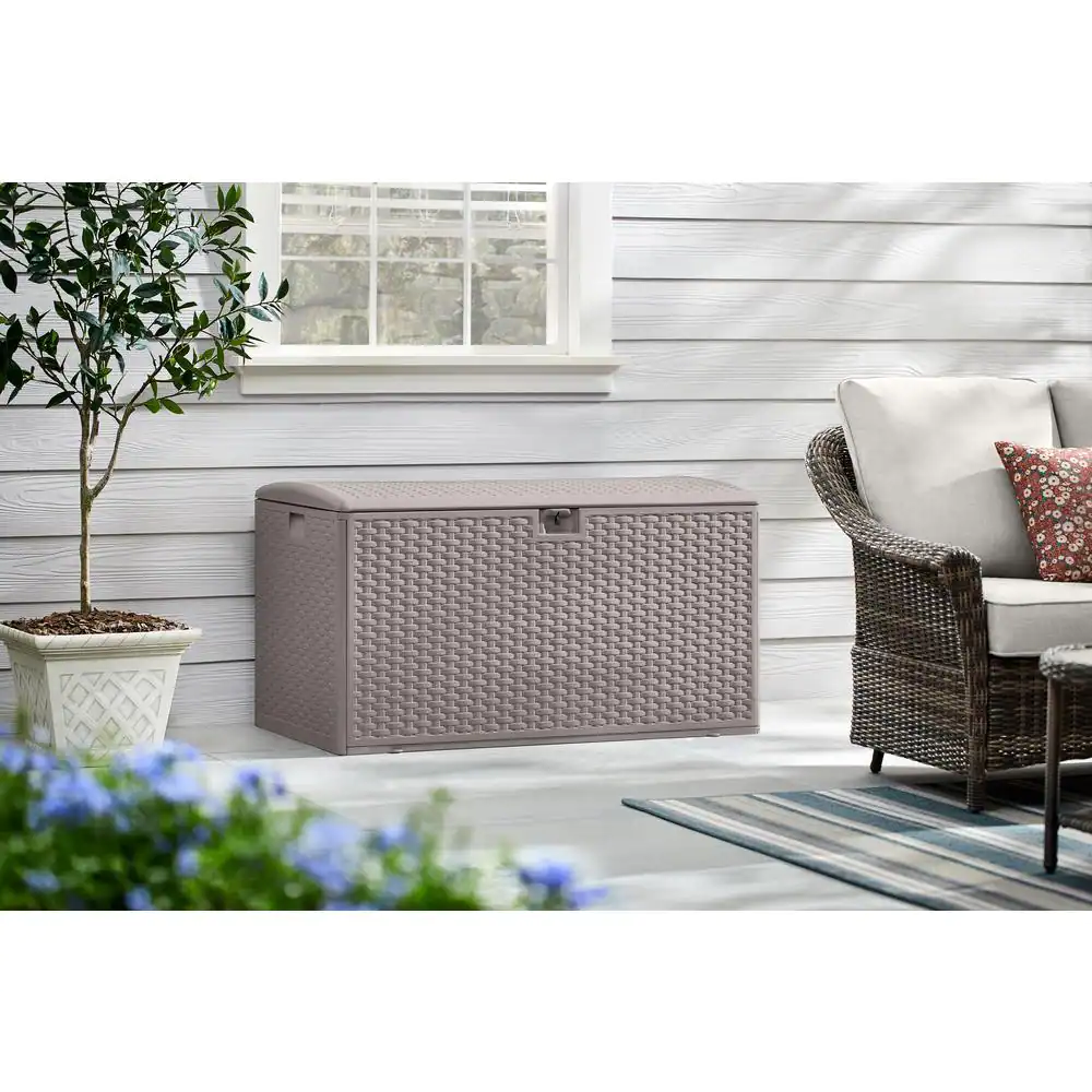 Hampton Bay HBDB120G-GS 120 Gal. Grey Resin Wicker Outdoor Storage Deck Box with Lockable Lid