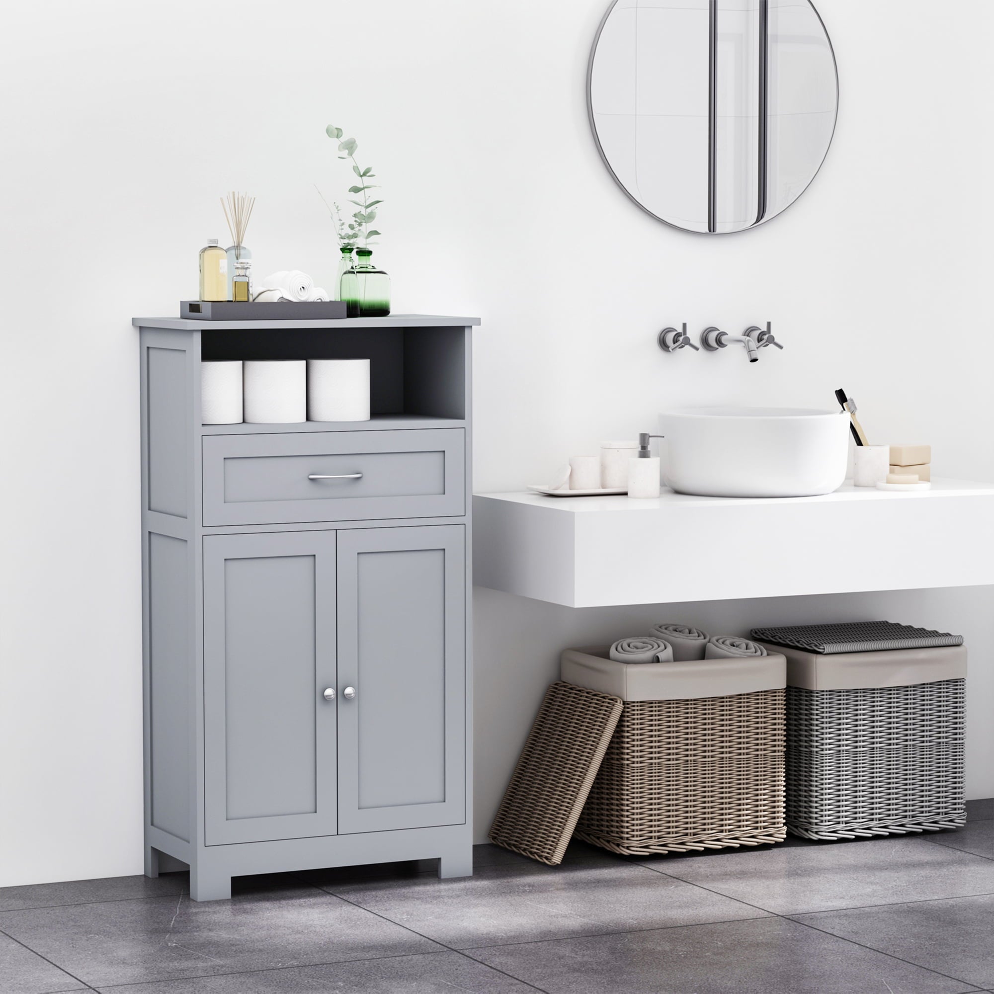 kleankin Wooden Storage Cabinet w/ Drawer Adjustable Shelf for Bathroom, Grey