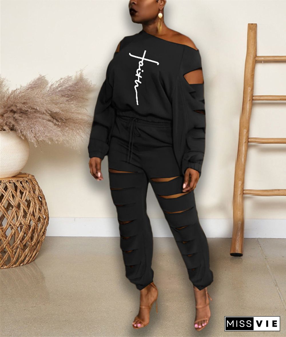 Cut Out Skew Collar T Shirt Joggers Pants Sweatsuit