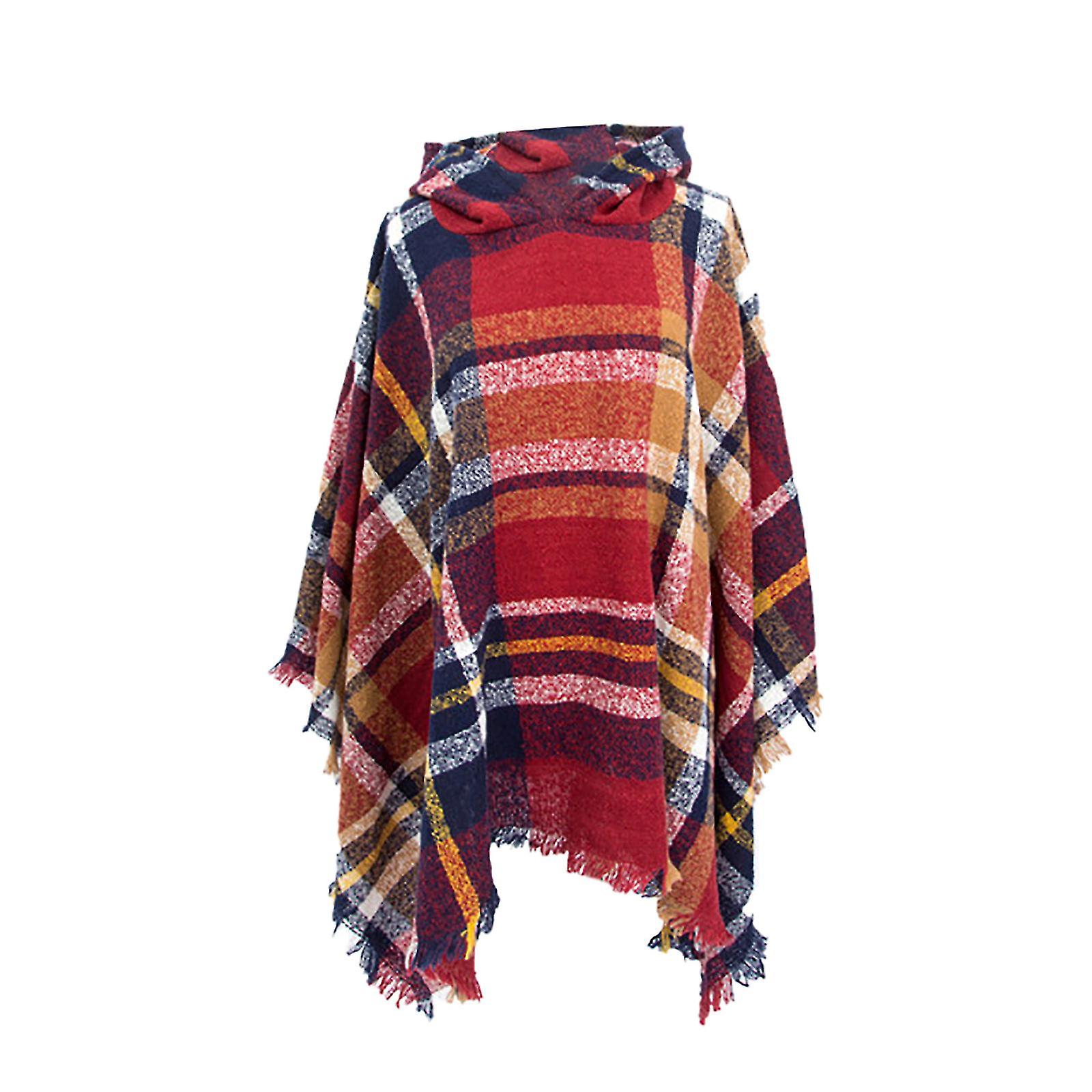 Womens Warm Long Shawl Wraps Large Scarves Knit Hooded Cloak Tassel Plaid Scarf