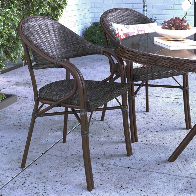 Merrick Lane Wicker Rattan Patio Chair With Curved Back And Aluminum Bamboo Frame