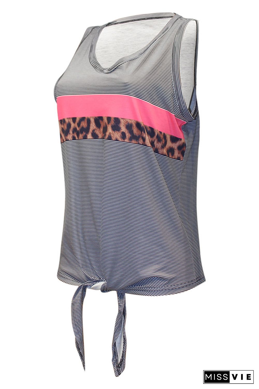 Pin Stripe Leopard Color Block Front Tie Tank Top