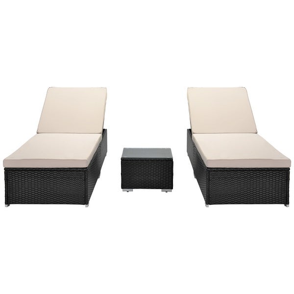 3-Piece Wicker Patio Chaise Lounge Set， Recliner Chair with Coffee Table and Beige Cushions