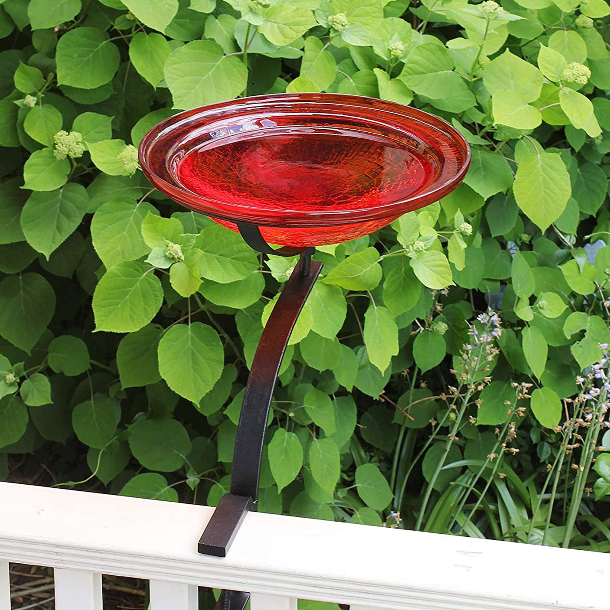 Crackle Glass Bowl Birdbath Decoration with Rail Mount, Tomato Red (Open Box)