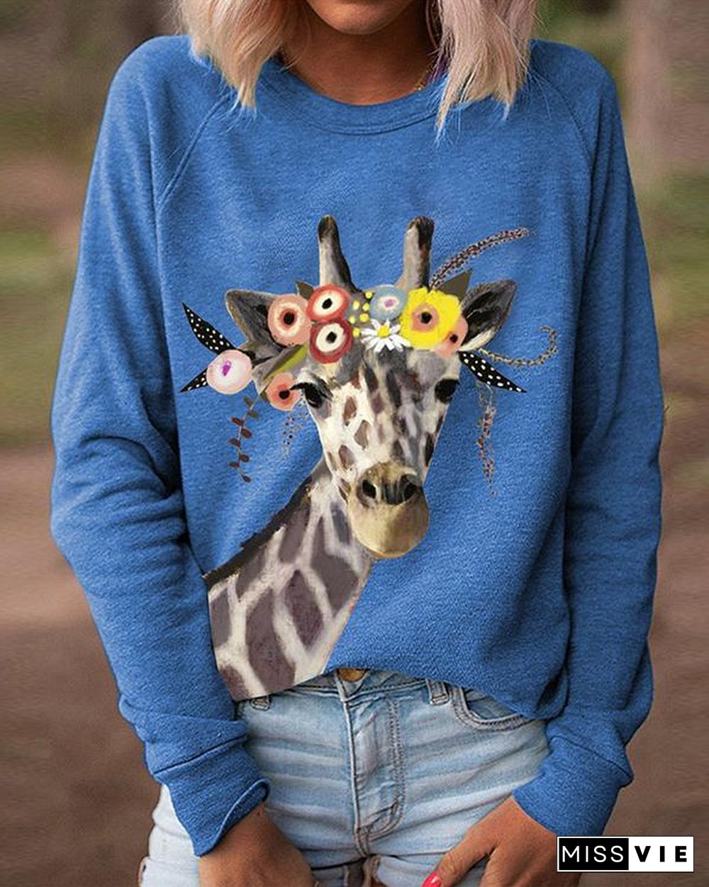 Women Giraffe Floral Print Long Sleeves Casual T-Shirts