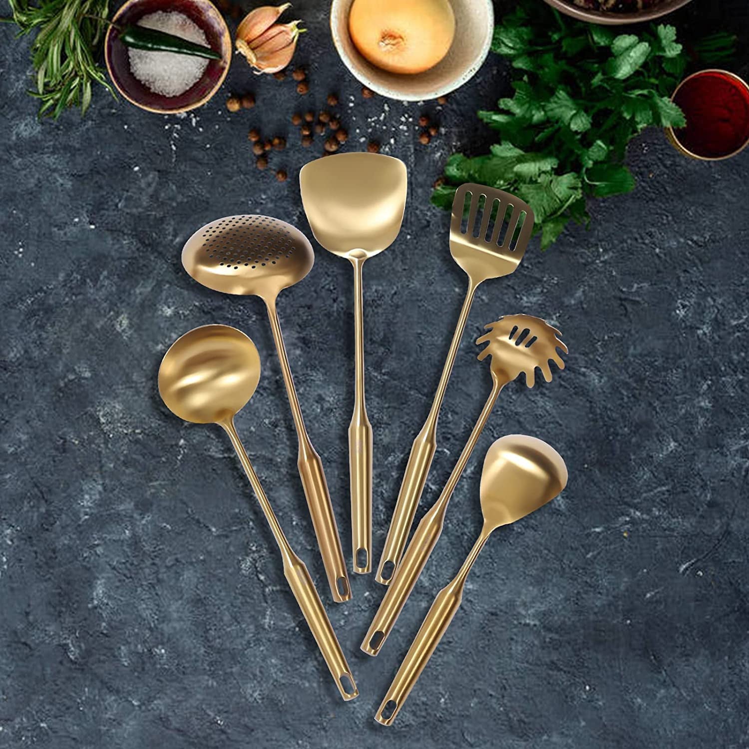 MONIPA Gold Stainless Steel 7 Piece Cooking Utensils Set With Holder Kitchen Utensils Set