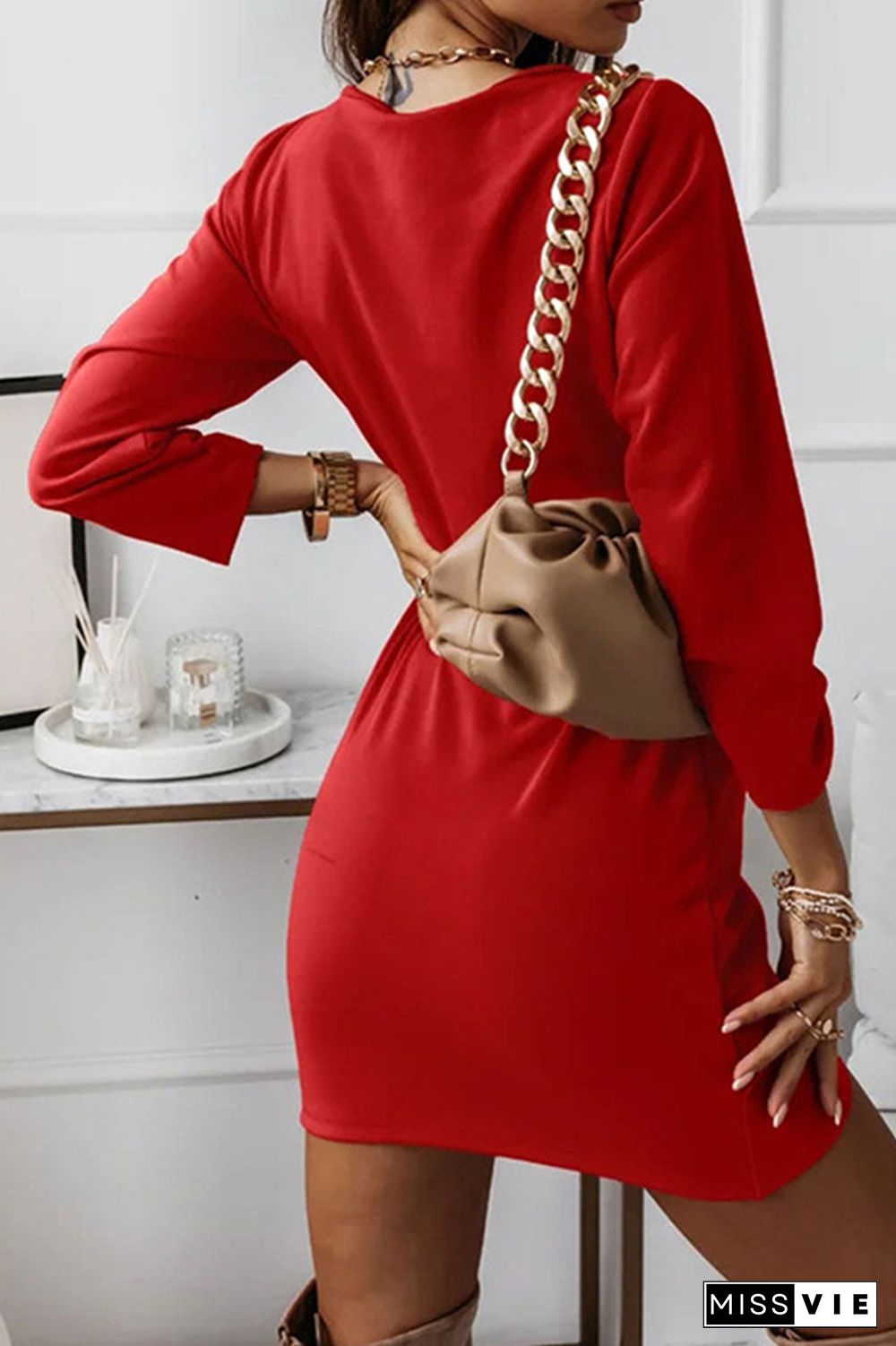 Fashion Elegant Solid Split Joint Fold V Neck Pencil Skirt Dresses(4 Colors)