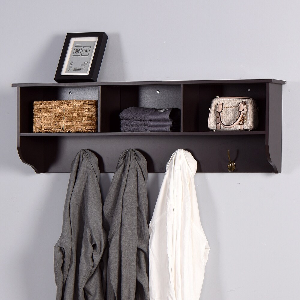 Wall Mounted Coat Rack W/ 4 Dual Hooks  Wood Storage Shelf Small Space