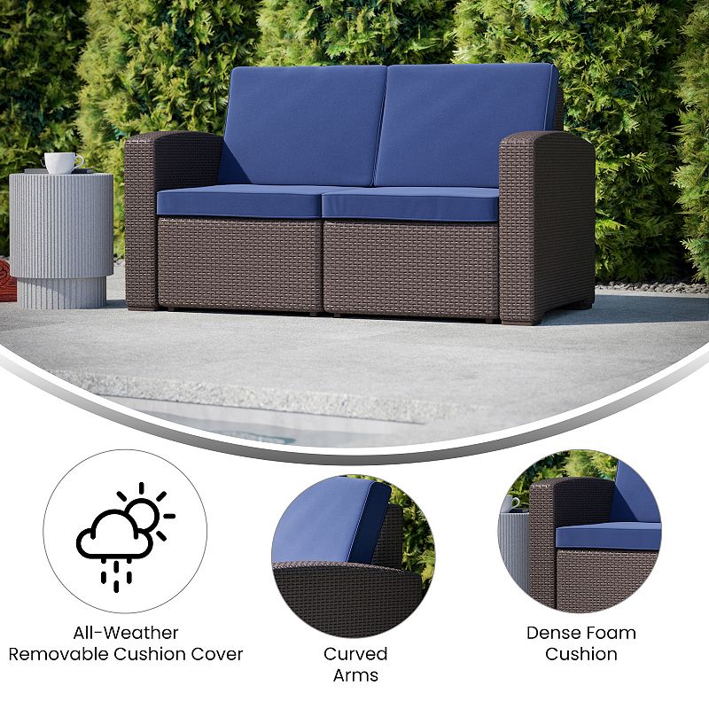 Emma and Oliver Faux Rattan Loveseat with All-Weather Cushions