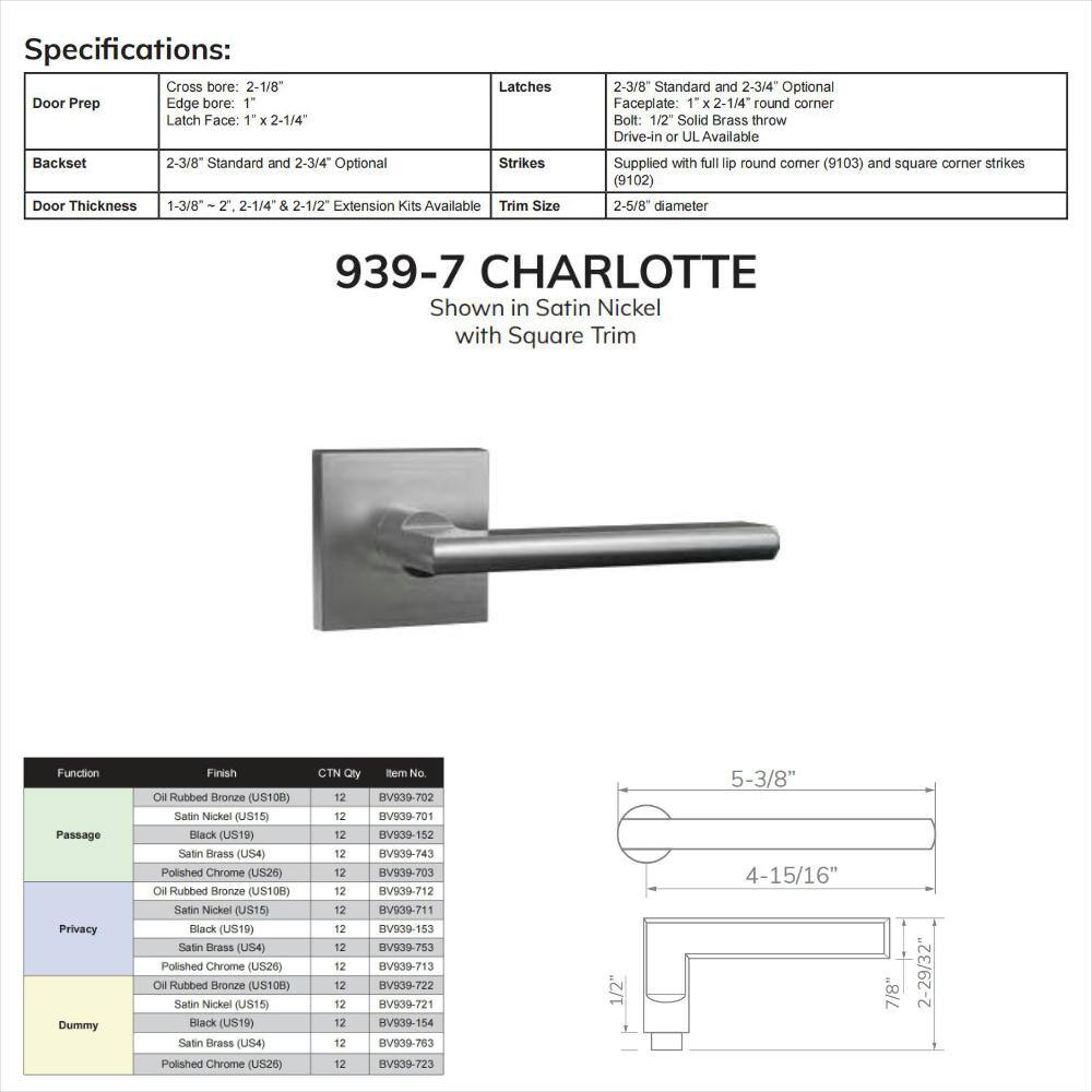 DELANEY HARDWARE Bravura Charlotte 939-7 Solid Brass Privacy (BedBath) Door Lever Satin Brass w square plate BV939-753