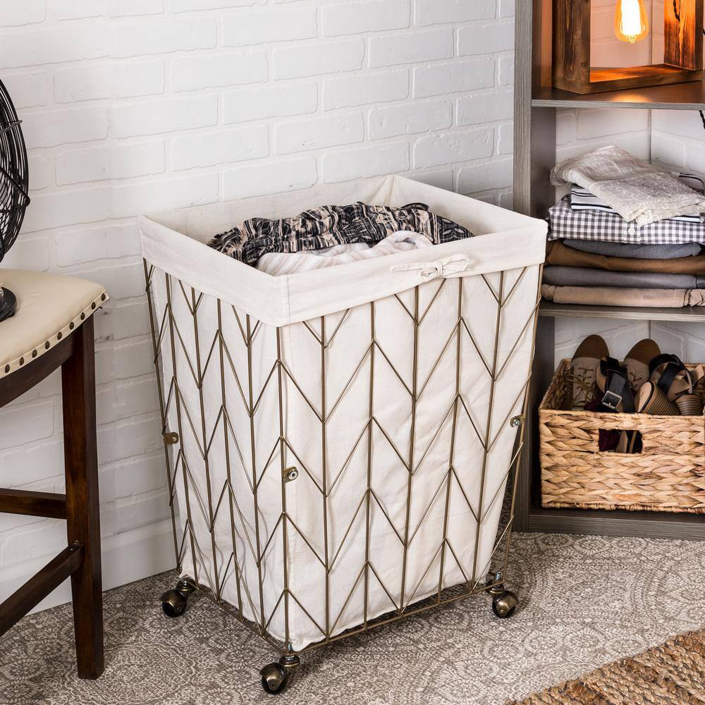 Honey-Can-Do Antique Bronze Chevron Rolling Steel Wire Hamper with Cotton Liner HMP-09093