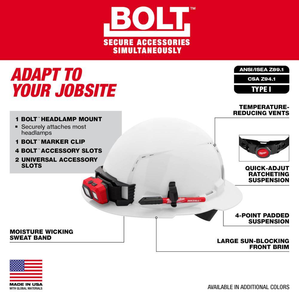 MW BOLT Red Type 1 Class C Full Brim Vented Hard Hat with 4 Point Ratcheting Suspension 48-73-1209