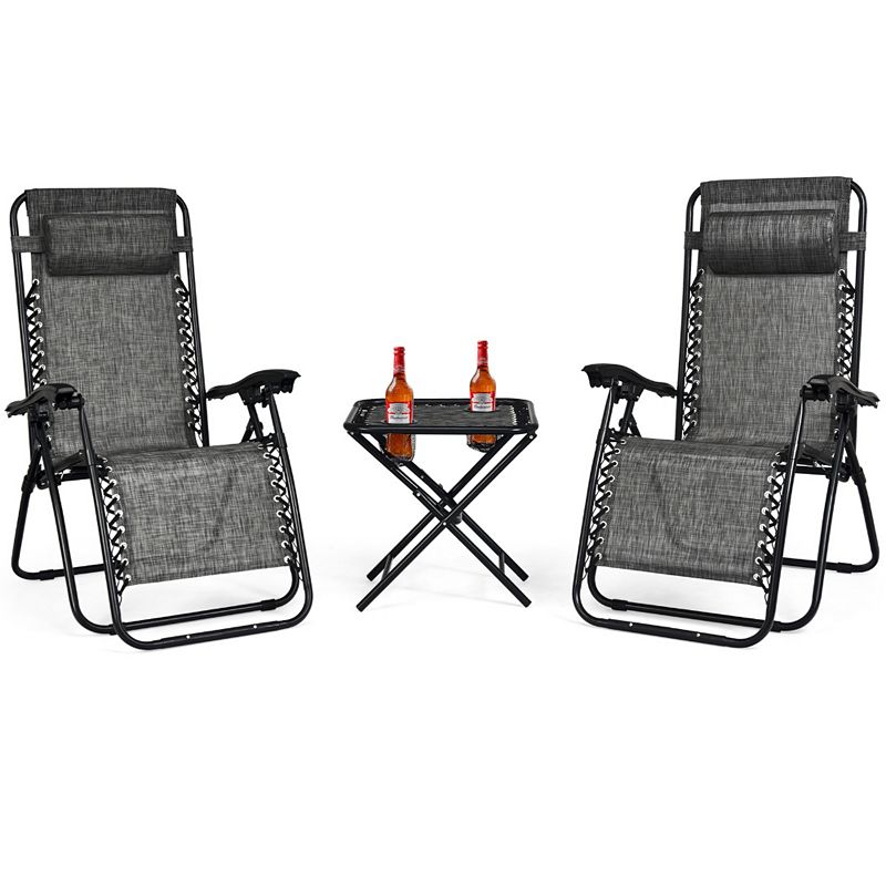 3 Pieces Folding Portable Zero Gravity Reclining Lounge Chairs Table Set