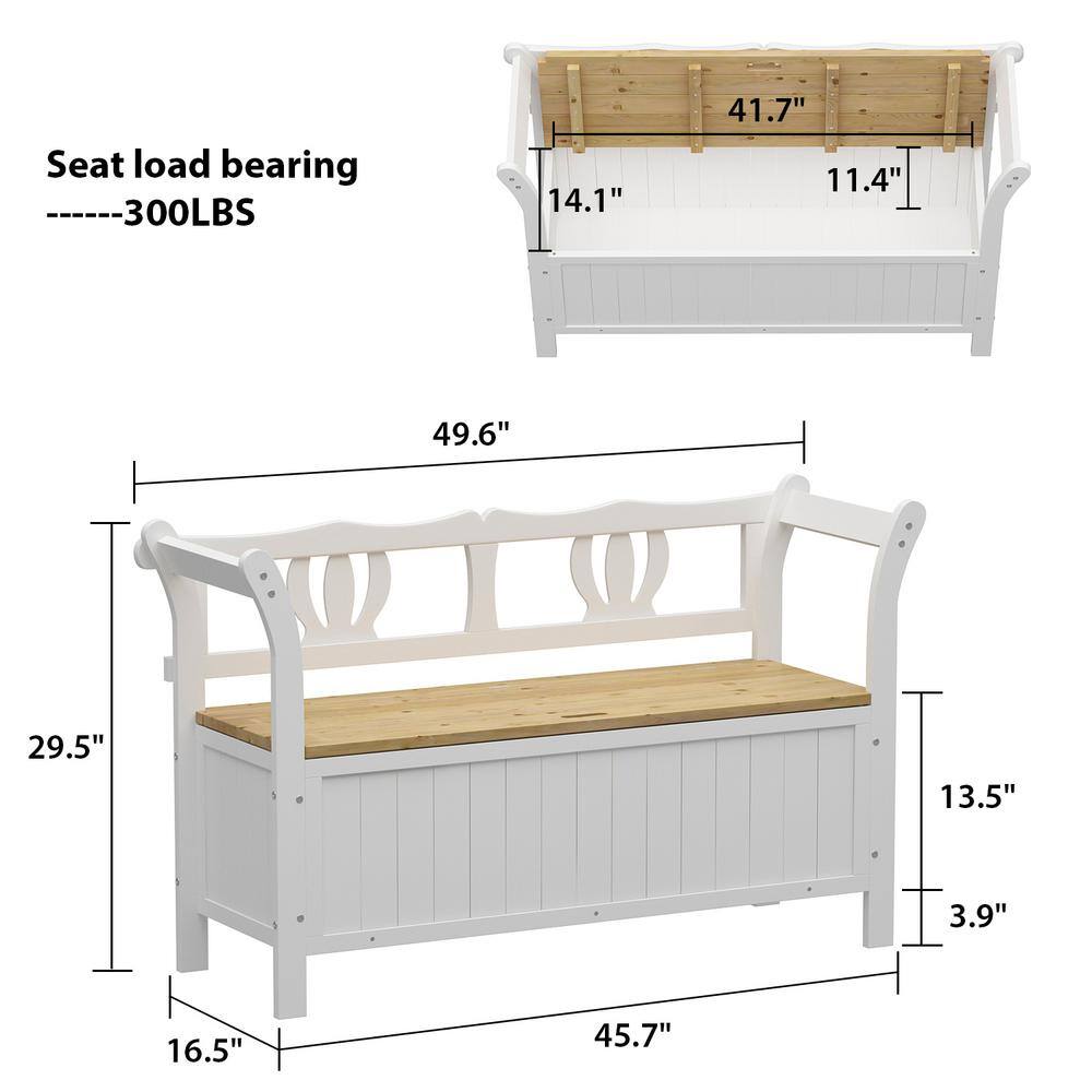 FUFUGAGA White Finished Solid Wood Dining Bench with Storage Back and Armrest for IndoorOutdoor 49.6 in. Width (2 Seating) LBB-WFKF170276-01-c1