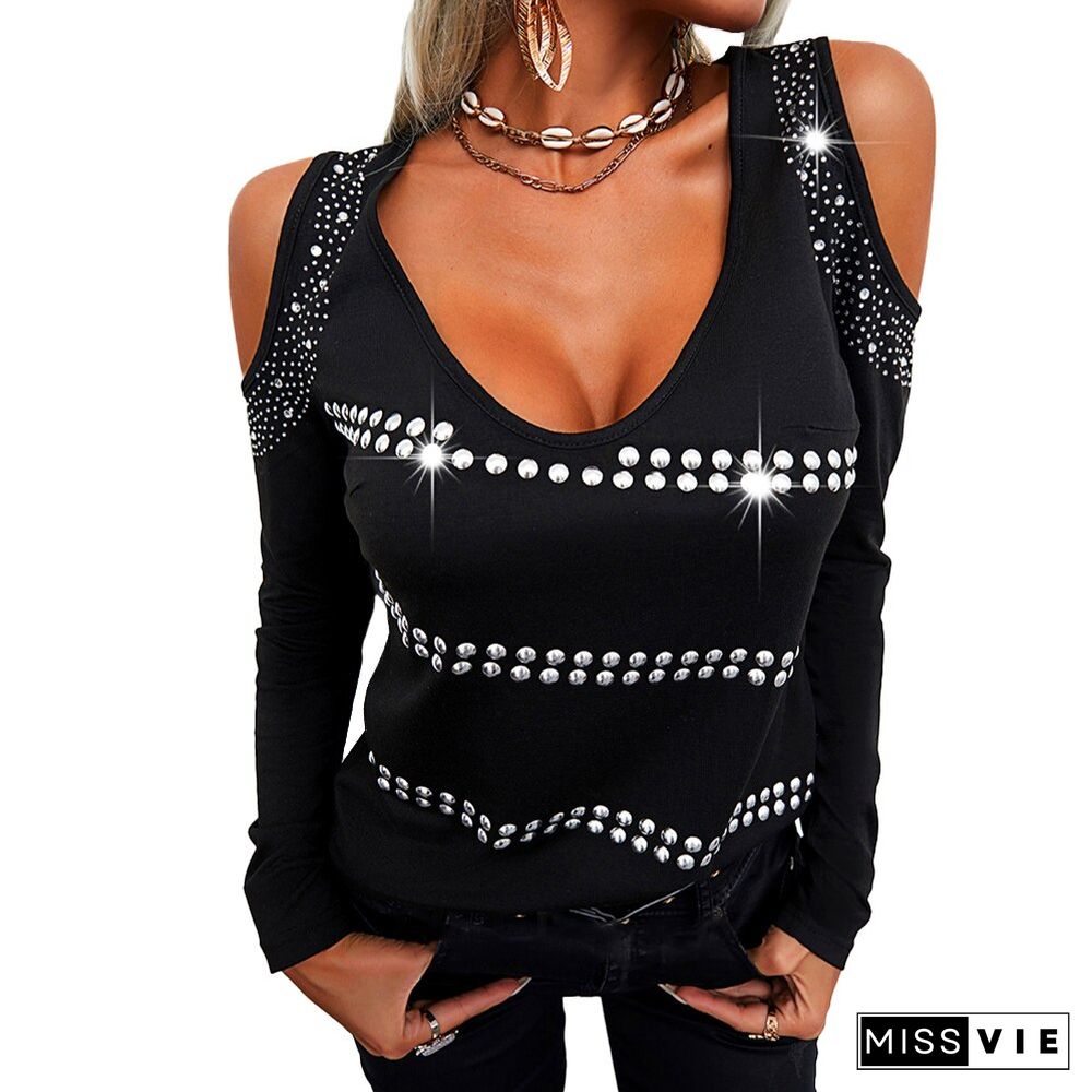 Bling Bling Women'S Elegant T-Shirt Sexy Sequins V Neck Cold Shoulder Long Sleeve Shirt Office Lady Solid Color Spring Tops