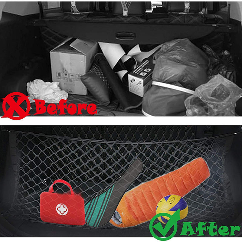 Universal Trunk Cargo Net， Rear Cargo Net Stretchable， Storage Mesh Double-Layer with Hooks， Trunk Cargo Organizer Compatible for SUV， Jeep， Truck