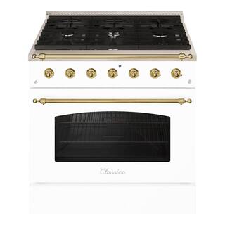 Hallman CLASSICO 36 in. 5.2 Cu. ft. 6 Burner Freestanding All Gas Range with Gas Stove and Gas Oven in White with Brass Trim HCLRG36BSWT