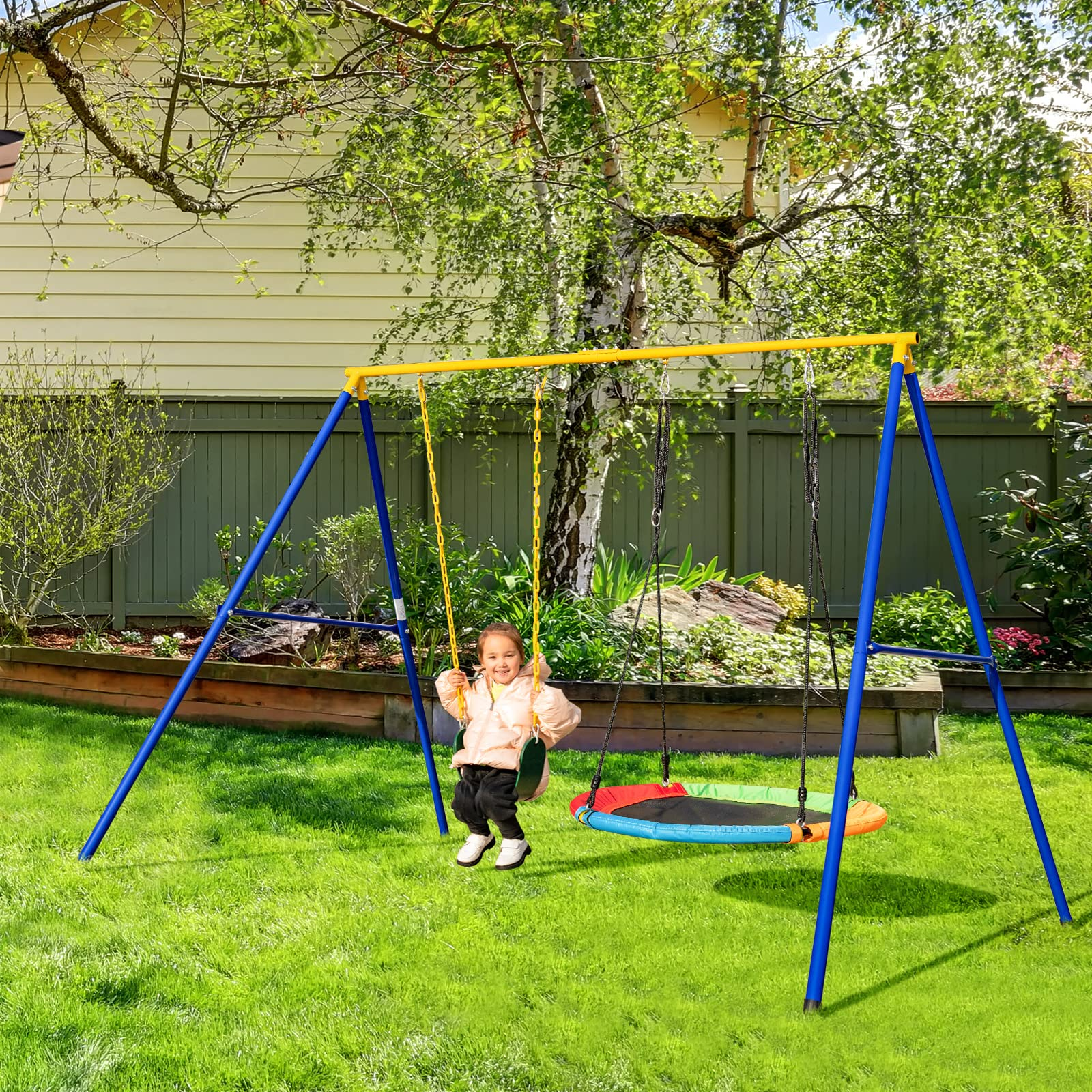 Costzon 660lbs Metal Swing Sets for Backyard, Heavy Duty Full Steel Swing Frame with 2 Swing Set