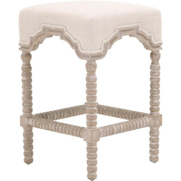 Turned Wooden Frame Padded Stool， Beige and Brown