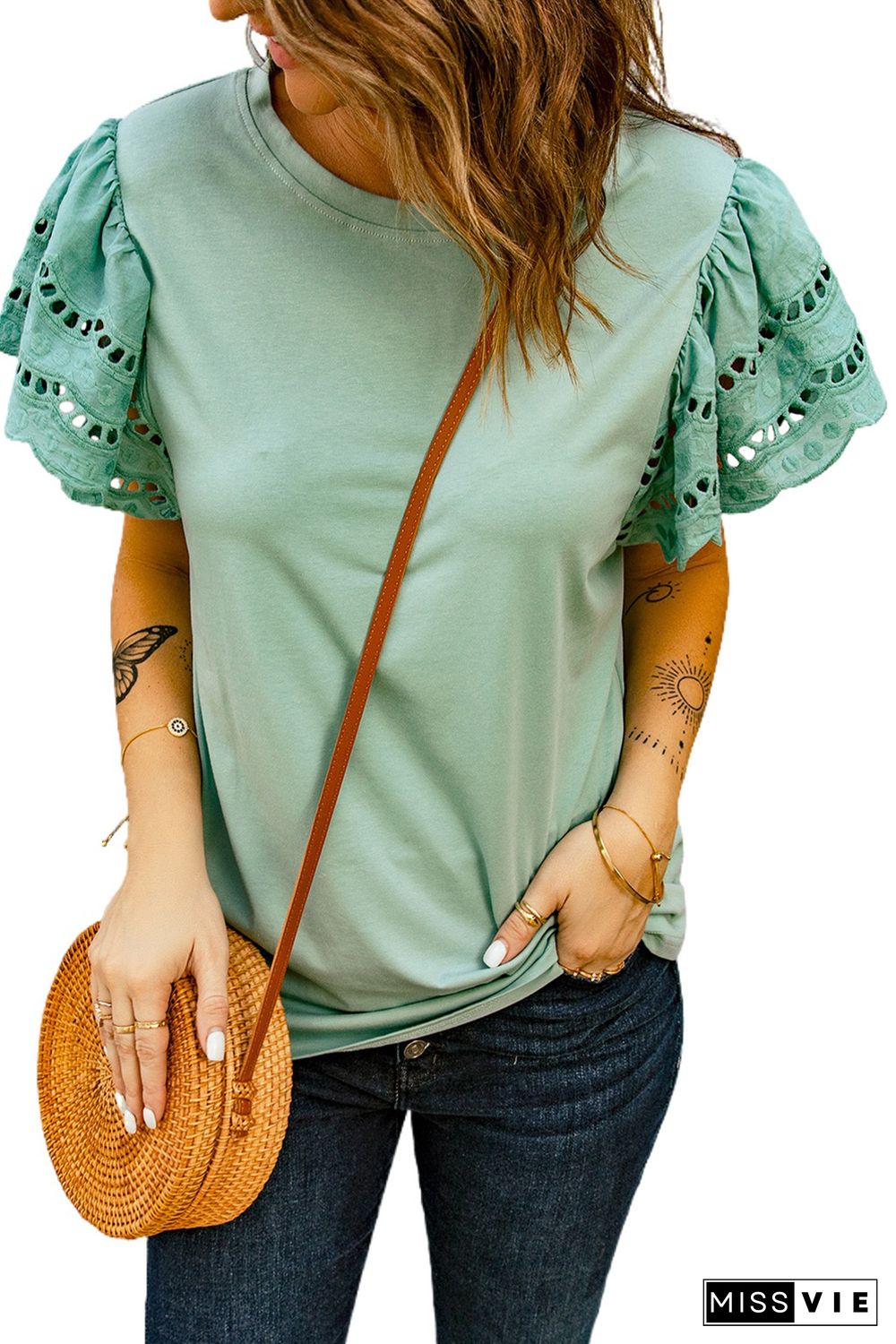 Green Hollow Out Ruffle Sleeve T-shirt