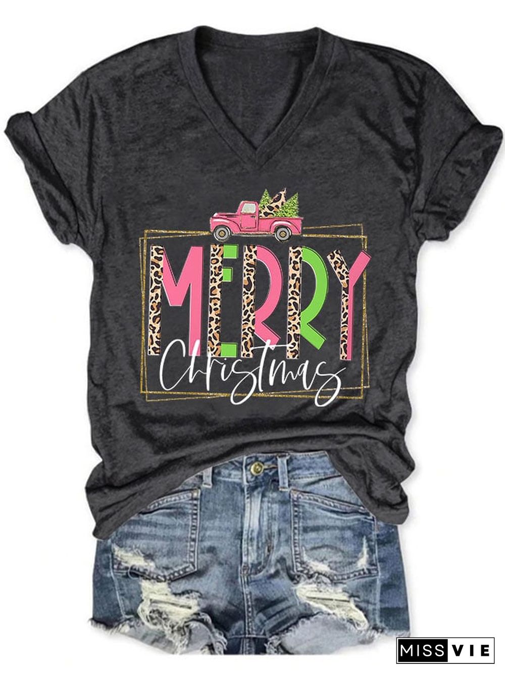 Women's Casual Merry Christmas Printed Short Sleeve T-Shirt