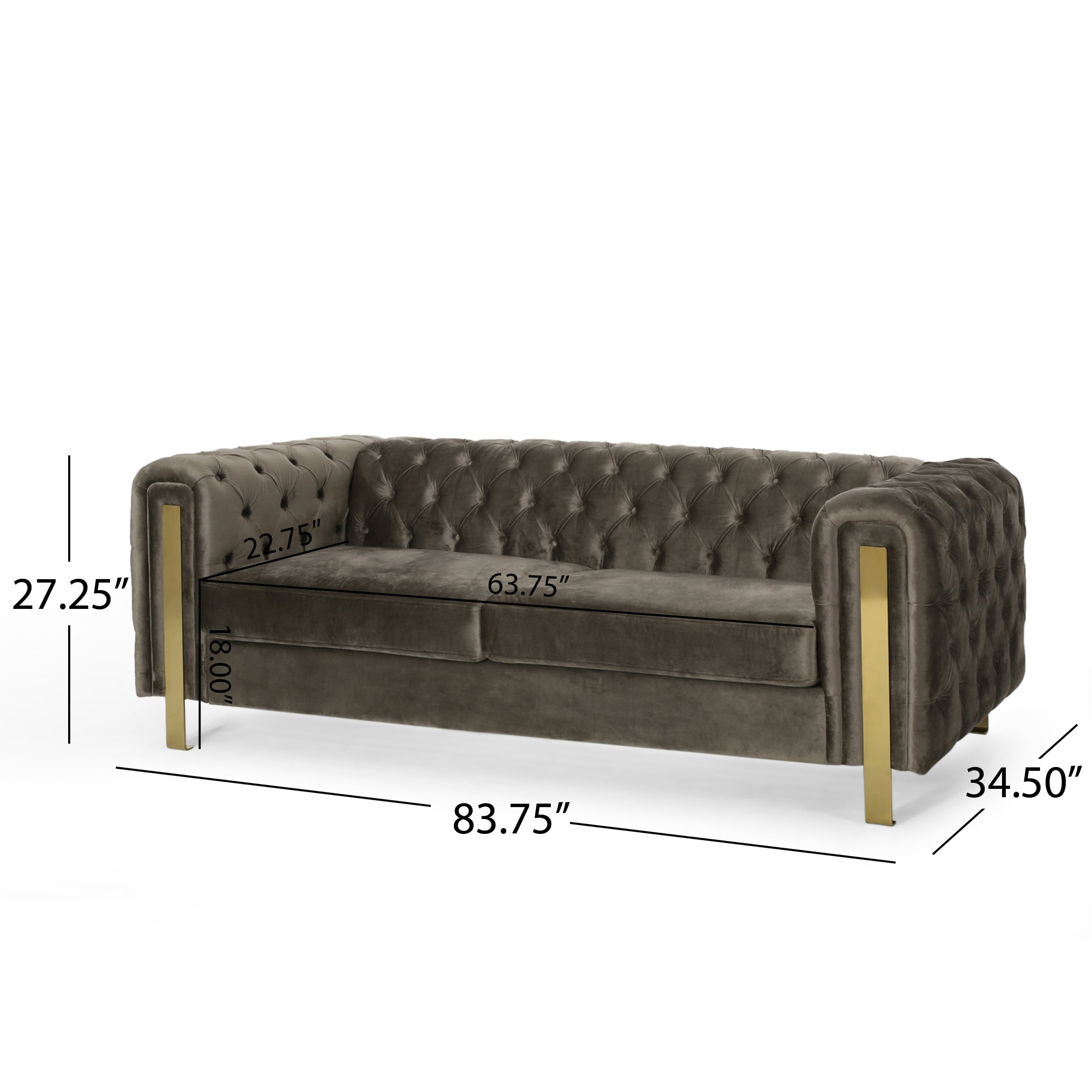 Noble House Addyston Velvet Tufted 3 Seater Sofa, Gray and Gold