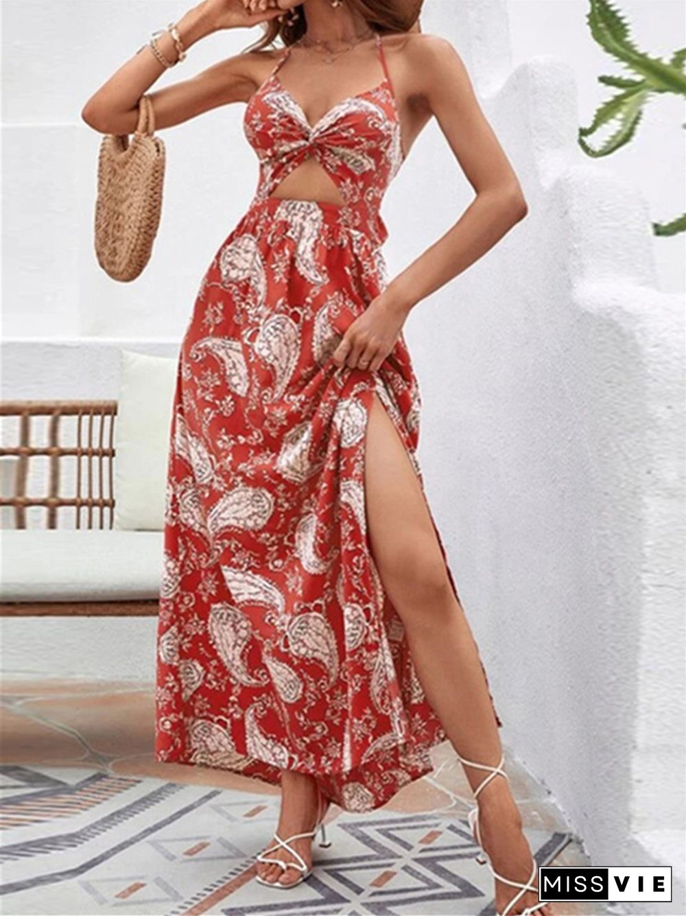 New Mosaic Sexy Beach Dress Hollow Out Suspender Backless Dress Women