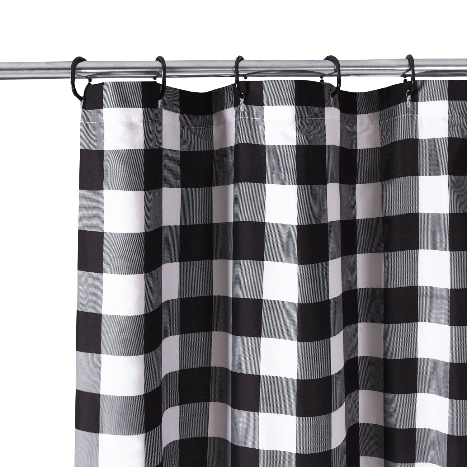 Chic Ruffled Shower Curtain with Black and White Buffalo Plaid, Boho Microfiber Bathtub Curtain with Natural Coconut Buttons, 72 x 72