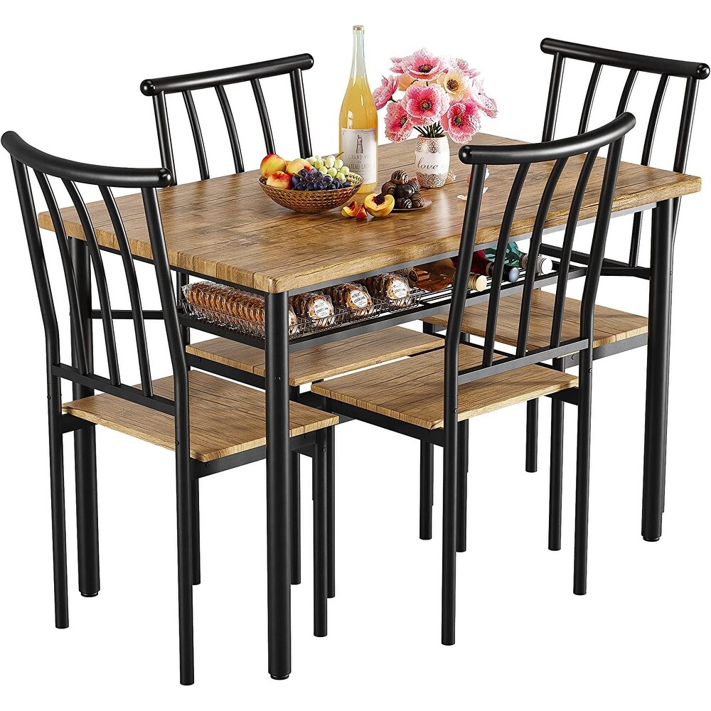 Dining Table Set for 4 Metal and Wood Indoor Modern Rectangular 5 Piece Dining Table Furniture Set