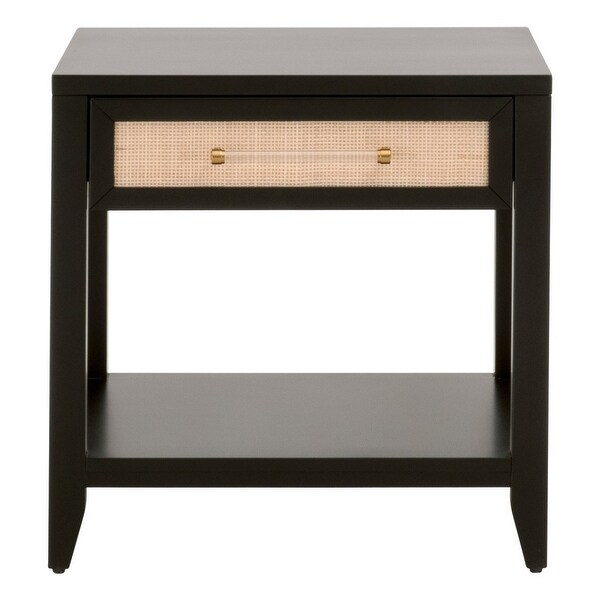 24 Inch Wood Side Table with Rattan Front Drawer， Bottom Shelf， Black