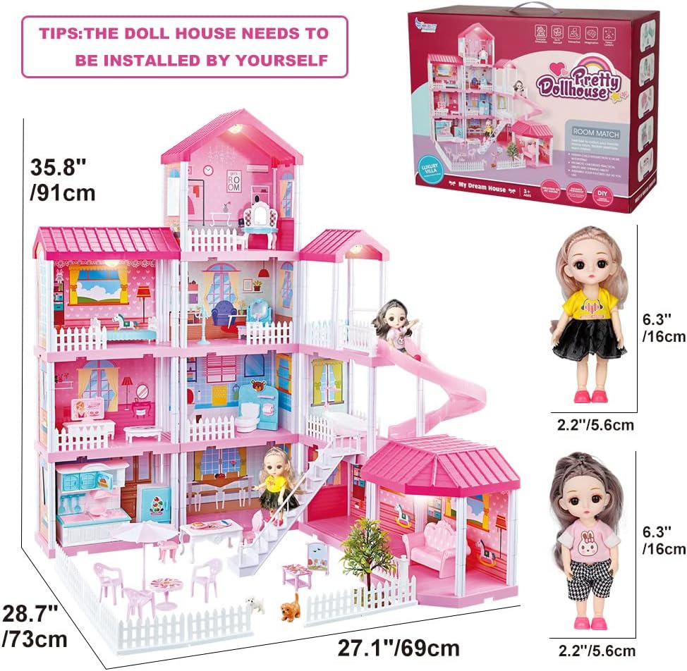 Doll House Kit，Dollhouse with Lights， Slide， Pets and Dolls， DIY Pretend Play Building Playset Toys with Asseccories and Furniture， Princess House for Toddlers， Kids Boy and Girl (11 Rooms)