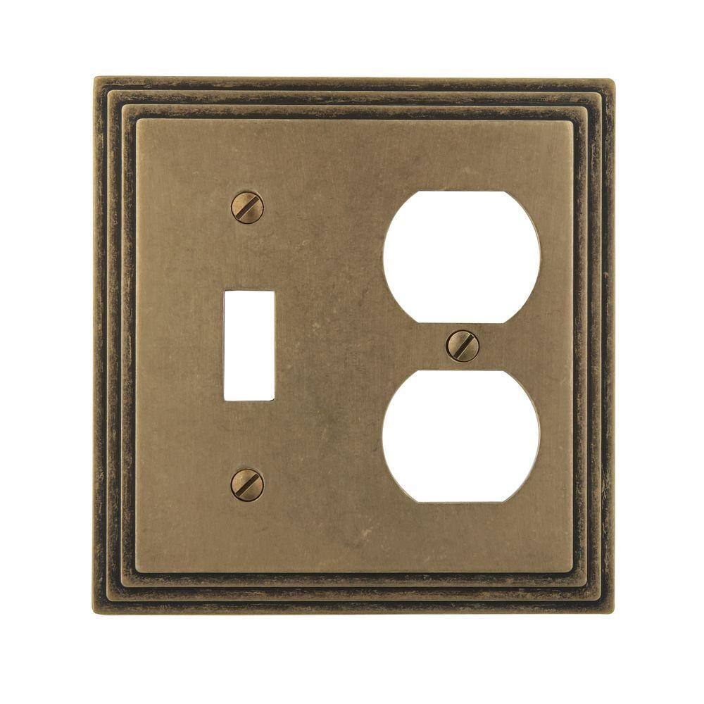 AMERELLE Tiered 2 Gang 1-Toggle and 1-Duplex Metal Wall Plate - Rustic Brass 84TDRB