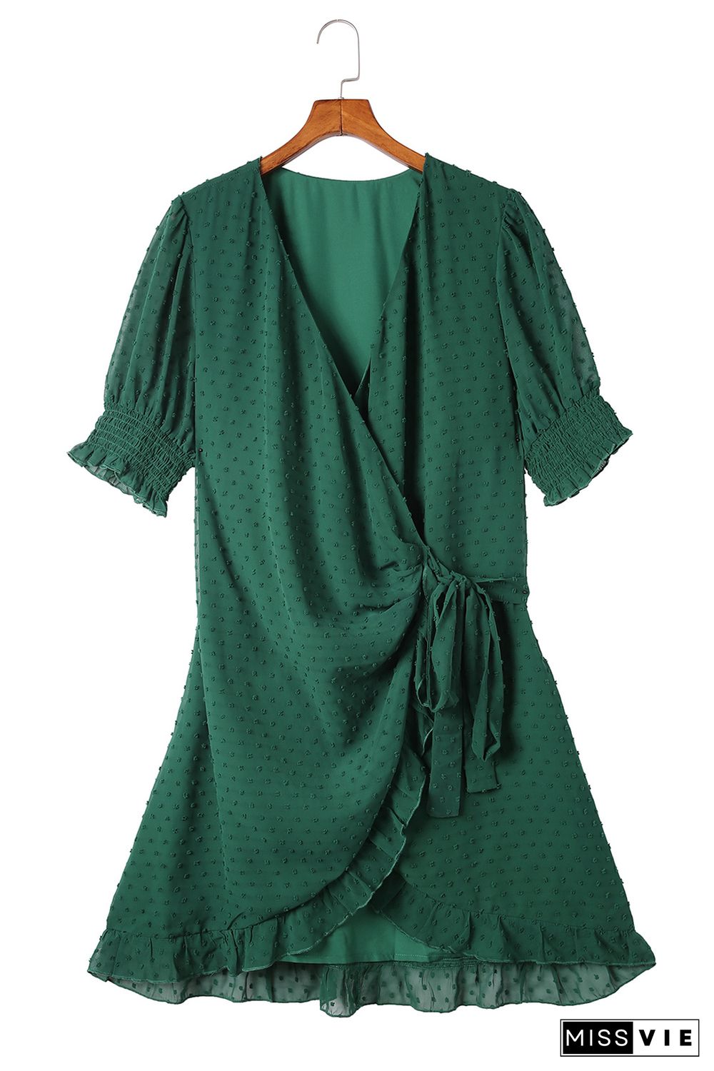 Green Plus Size Swiss Dot Puff Sleeve Wrap Dress