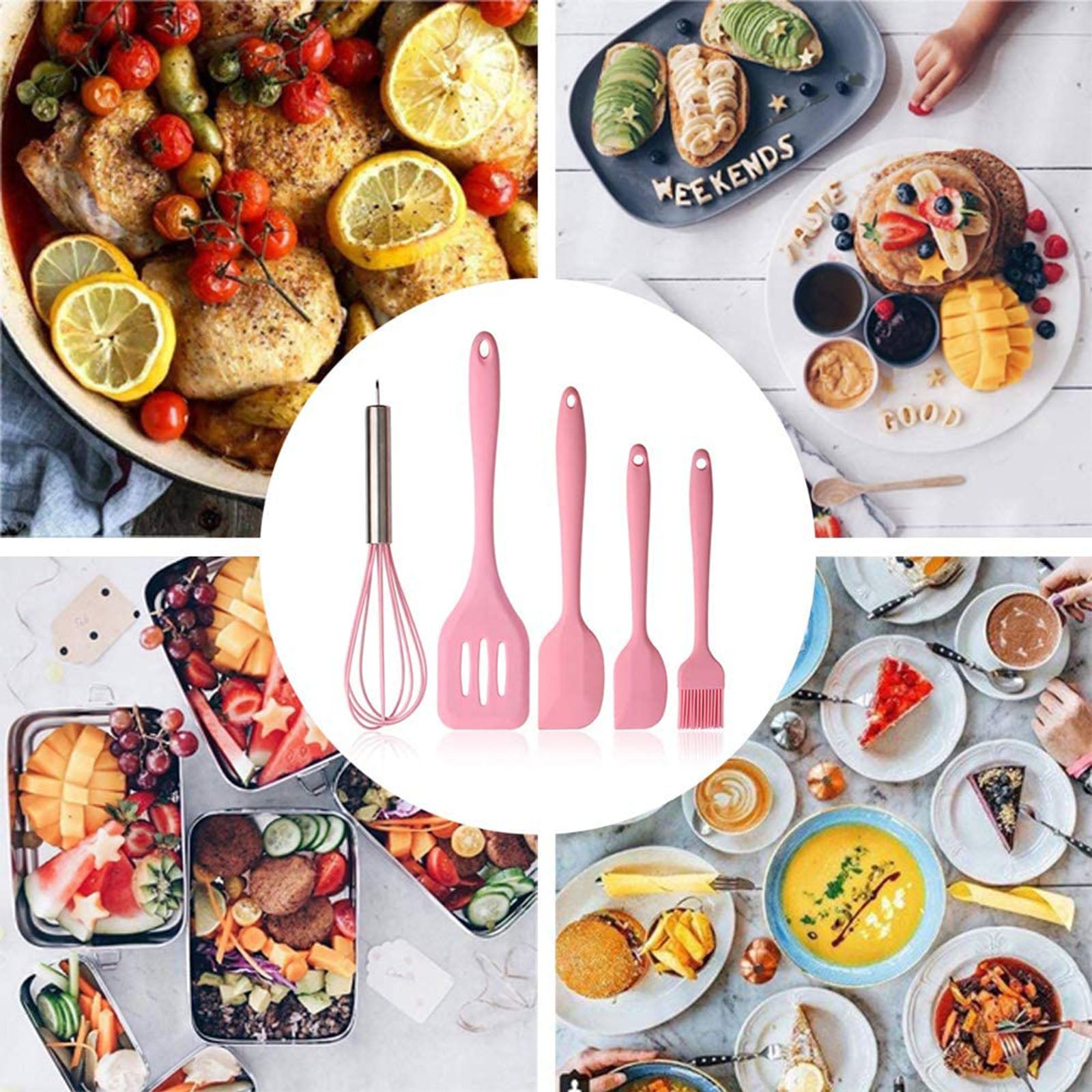 5Pcs Silicone Kitchen Utensils Set Nonstick Whisk Spatula Heat-Resistant Silicone Kitchen Cooking Tools Baking Cookware Gadgets Spatula Spoon Set